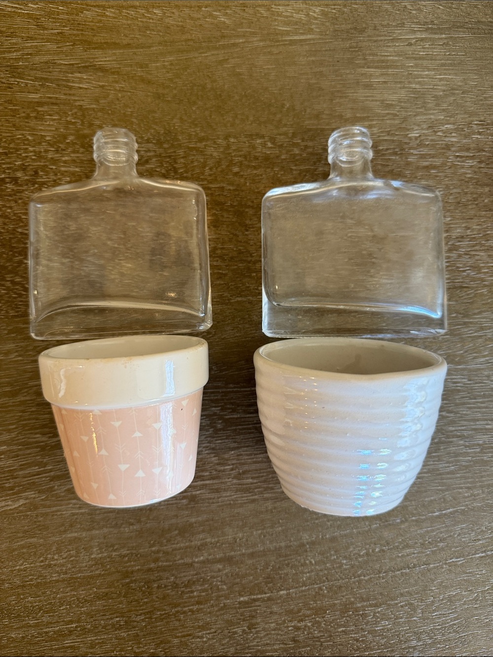 Bundle of Small White Ceramic Pots with Clear Glass Bottles